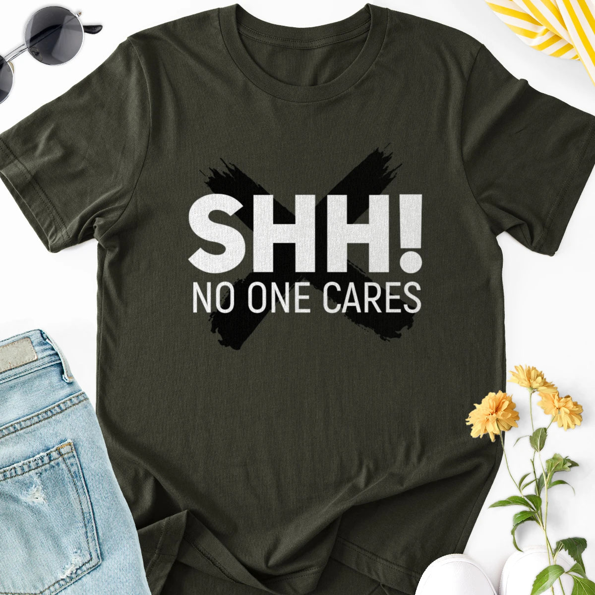 Shh! No One Cares Adult Tee