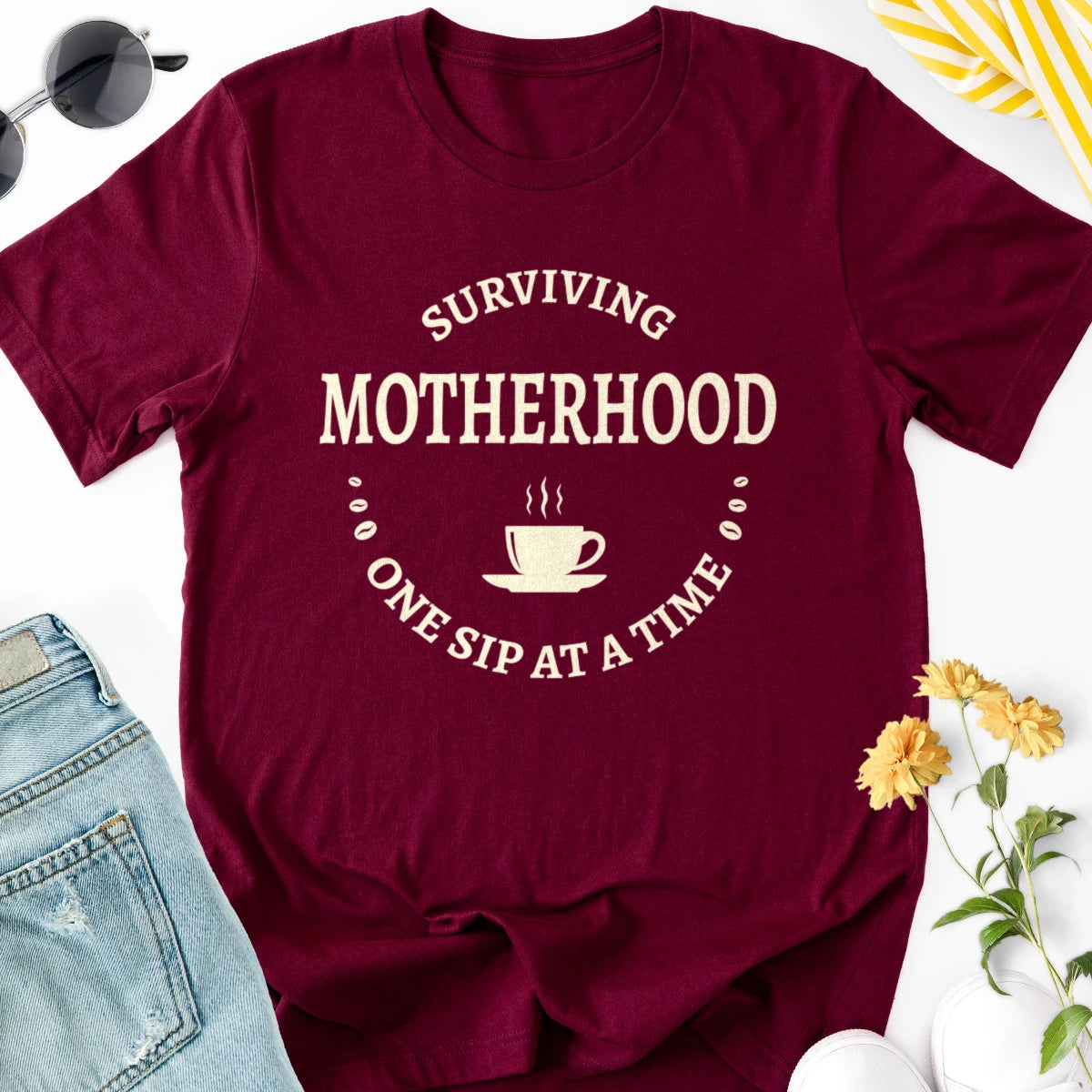 Surviving Motherhood One Sip at a Time Adult Tee